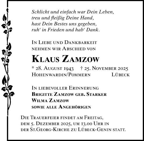 Traueranzeige von Klaus Zamzow von Lübecker Nachrichten