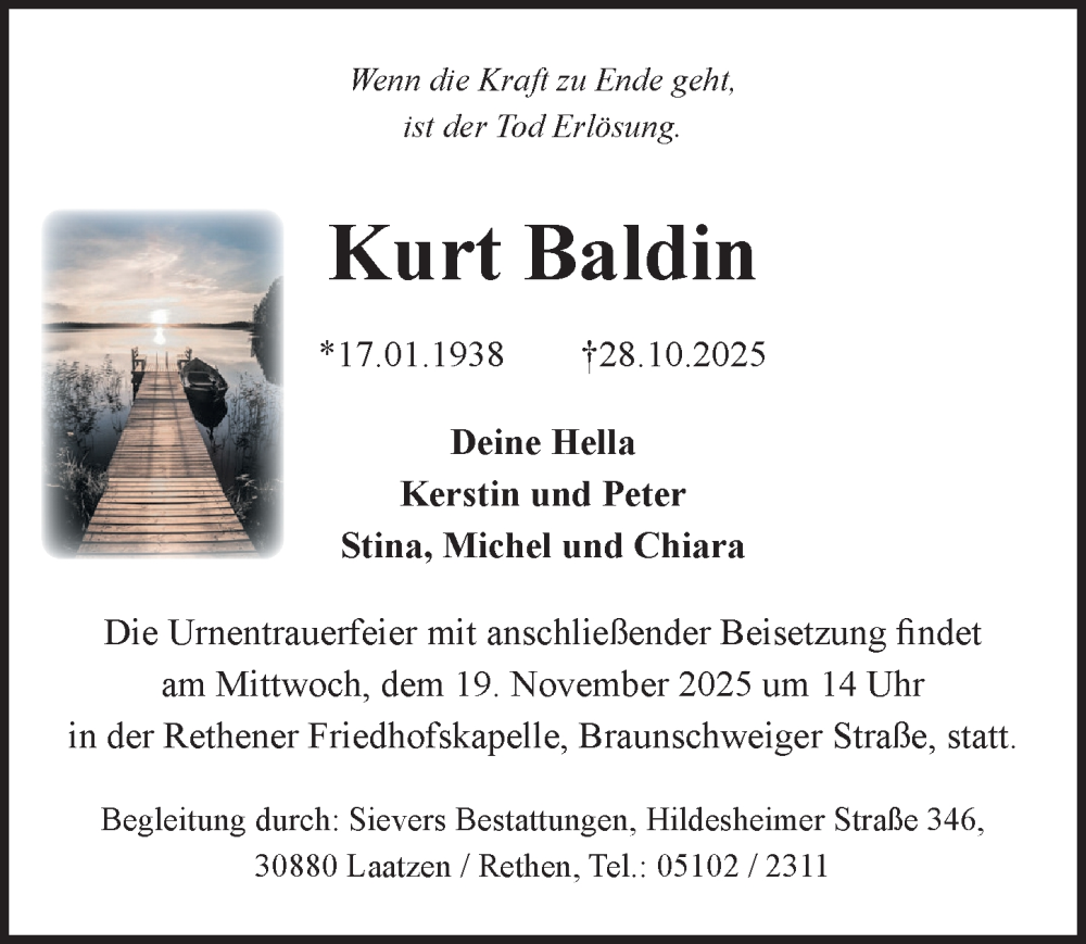 Traueranzeige für Kurt Baldin vom 15.11.2025 aus Hannoversche Allgemeine Zeitung/Neue Presse
