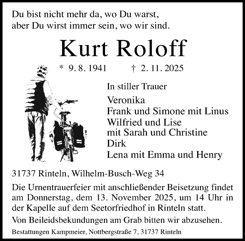  Traueranzeige für Kurt Roloff vom 08.11.2025 aus Schaumburger Nachrichten und Schaumburger Zeitung/ Landes-Zeitung