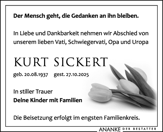 Traueranzeige von Kurt Sickert von Leipziger Volkszeitung
