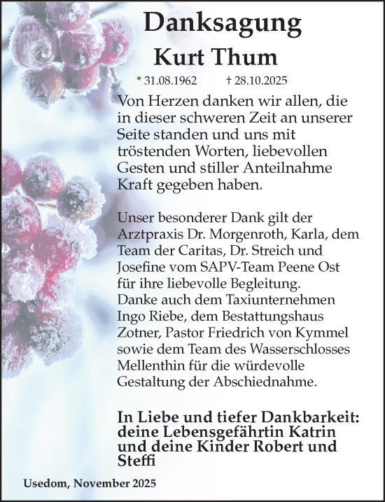 Traueranzeige von Kurt Thum von Ostsee-Zeitung GmbH