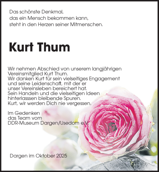 Traueranzeige von Kurt Thum von Ostsee-Zeitung GmbH