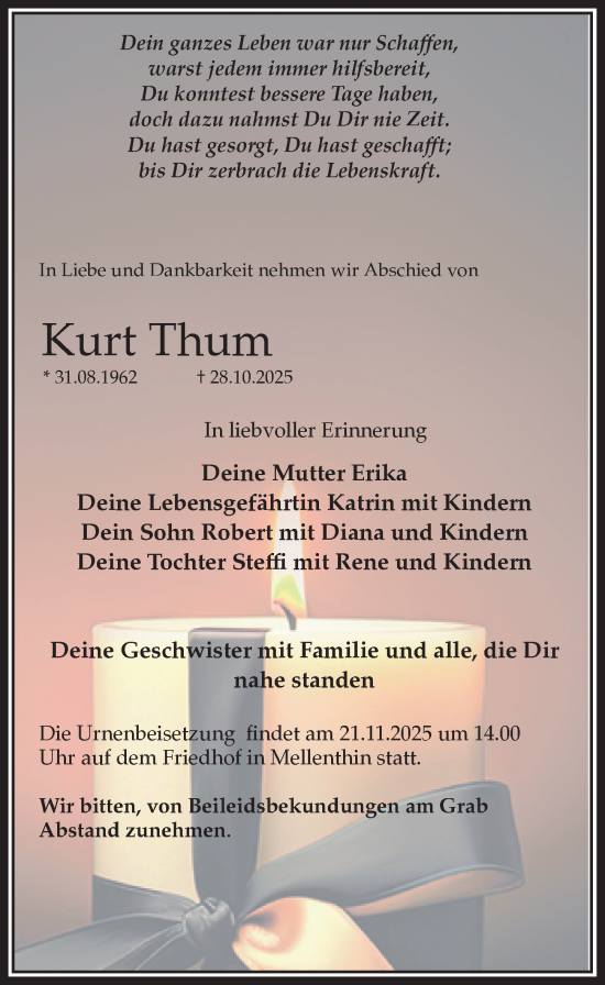 Traueranzeige von Kurt Thum von Ostsee-Zeitung GmbH