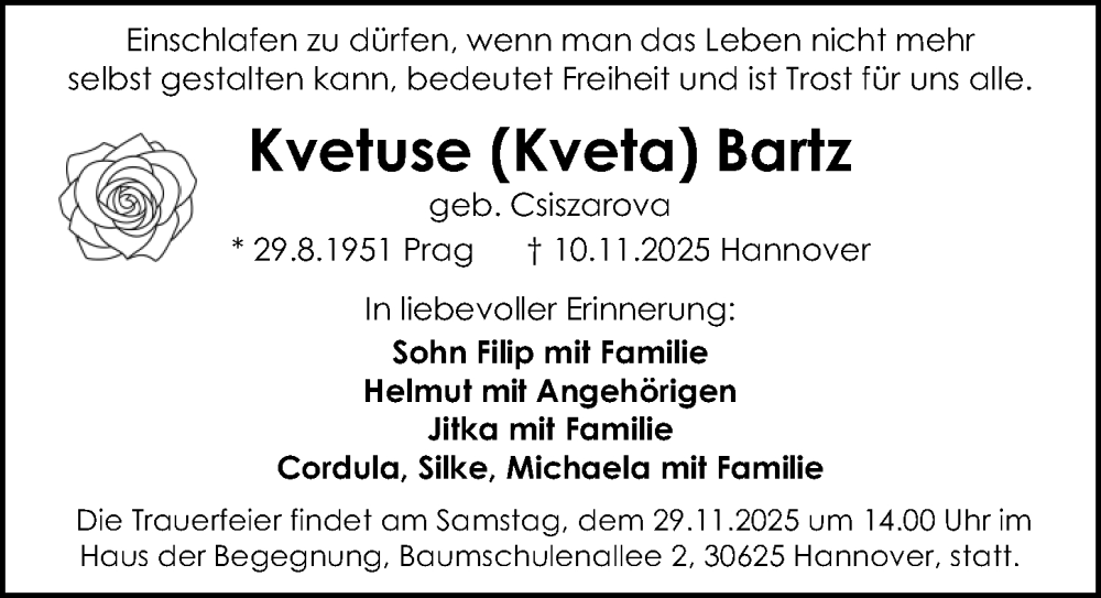  Traueranzeige für Kvetuse Bartz vom 22.11.2025 aus Hannoversche Allgemeine Zeitung/Neue Presse