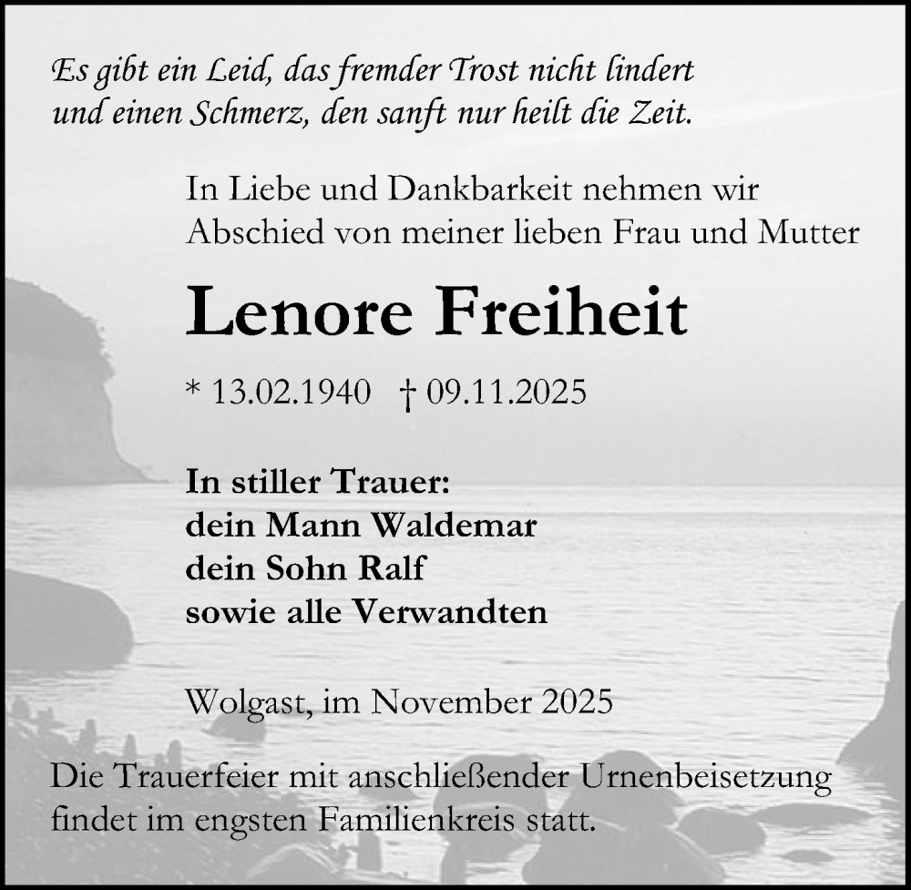  Traueranzeige für Lenore Freiheit vom 22.11.2025 aus Ostsee-Zeitung GmbH