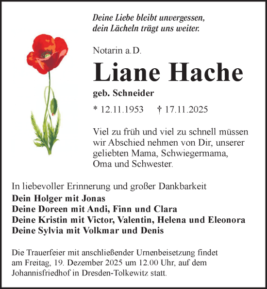 Traueranzeige von Liane Hache von Sächsische Zeitung