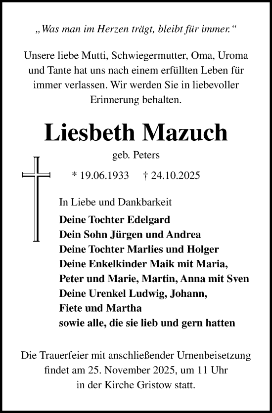 Traueranzeige von Liesbeth Mazuch von Ostsee-Zeitung GmbH