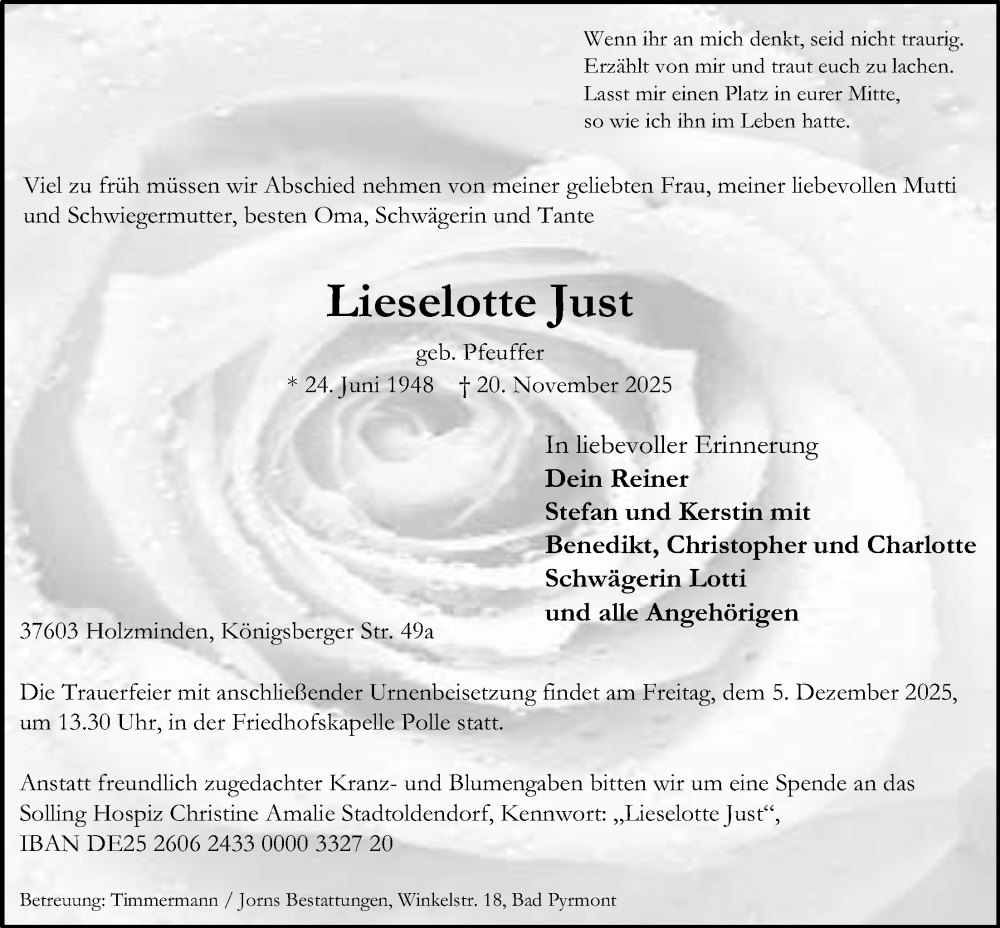  Traueranzeige für Lieselotte Just vom 29.11.2025 aus Täglicher Anzeiger Holzminden