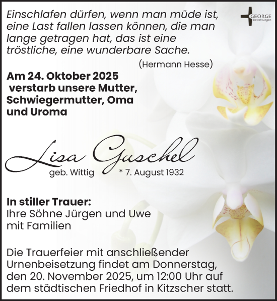Traueranzeige von Lisa Guschel von Leipziger Volkszeitung