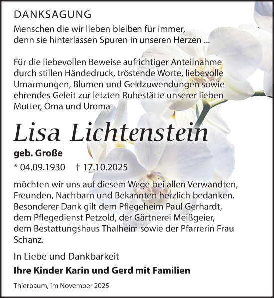 Traueranzeige von Lisa Lichtenstein von Leipziger Volkszeitung