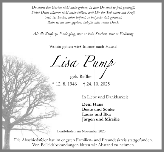 Traueranzeige von Lisa Pump von Kieler Nachrichten
