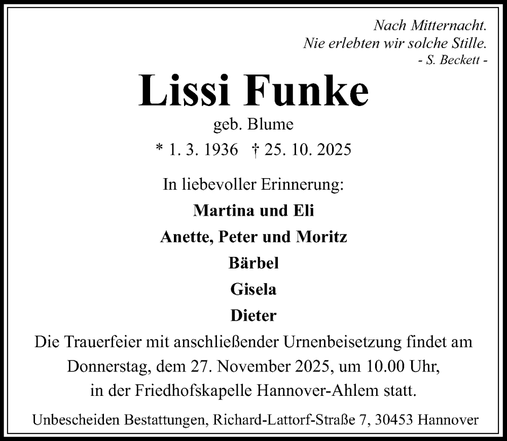  Traueranzeige für Lissi Funke vom 15.11.2025 aus Hannoversche Allgemeine Zeitung/Neue Presse