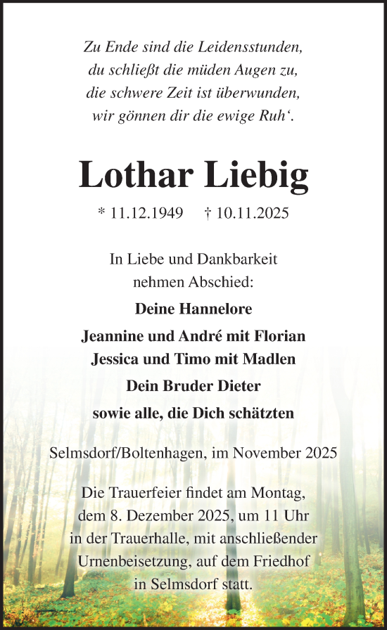 Traueranzeige von Lothar Liebig von Ostsee-Zeitung GmbH