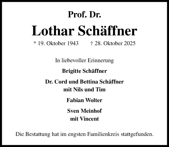 Traueranzeige von Lothar Schäffner von Hannoversche Allgemeine Zeitung/Neue Presse