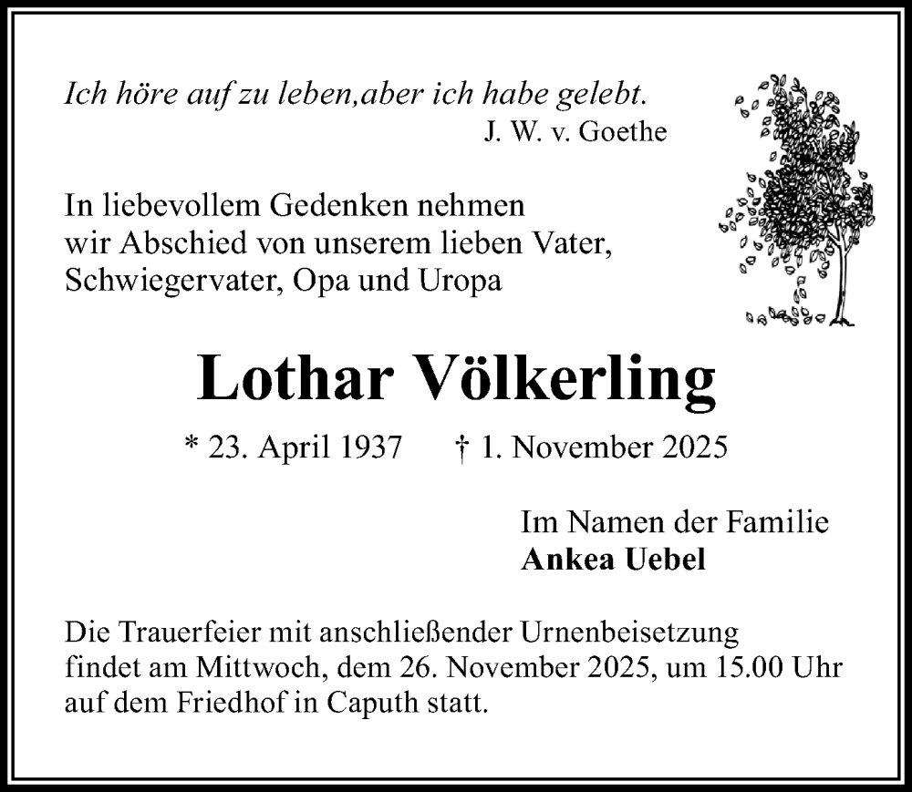  Traueranzeige für Lothar Völkerling vom 15.11.2025 aus Märkischen Allgemeine Zeitung
