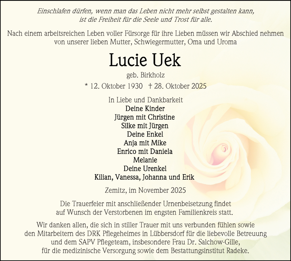  Traueranzeige für Lucie Uek vom 08.11.2025 aus Ostsee-Zeitung GmbH