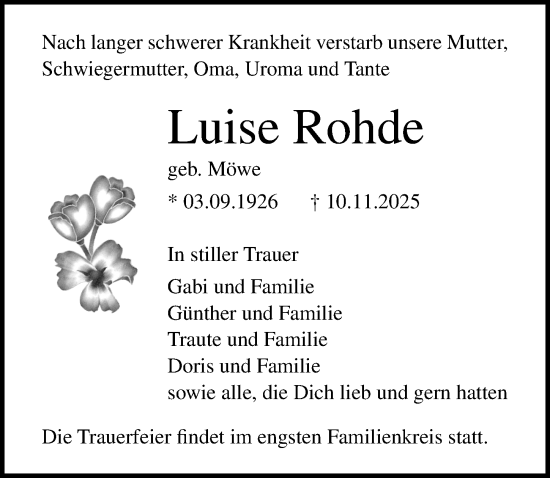 Traueranzeige von Luise Rohde von Ostsee-Zeitung GmbH