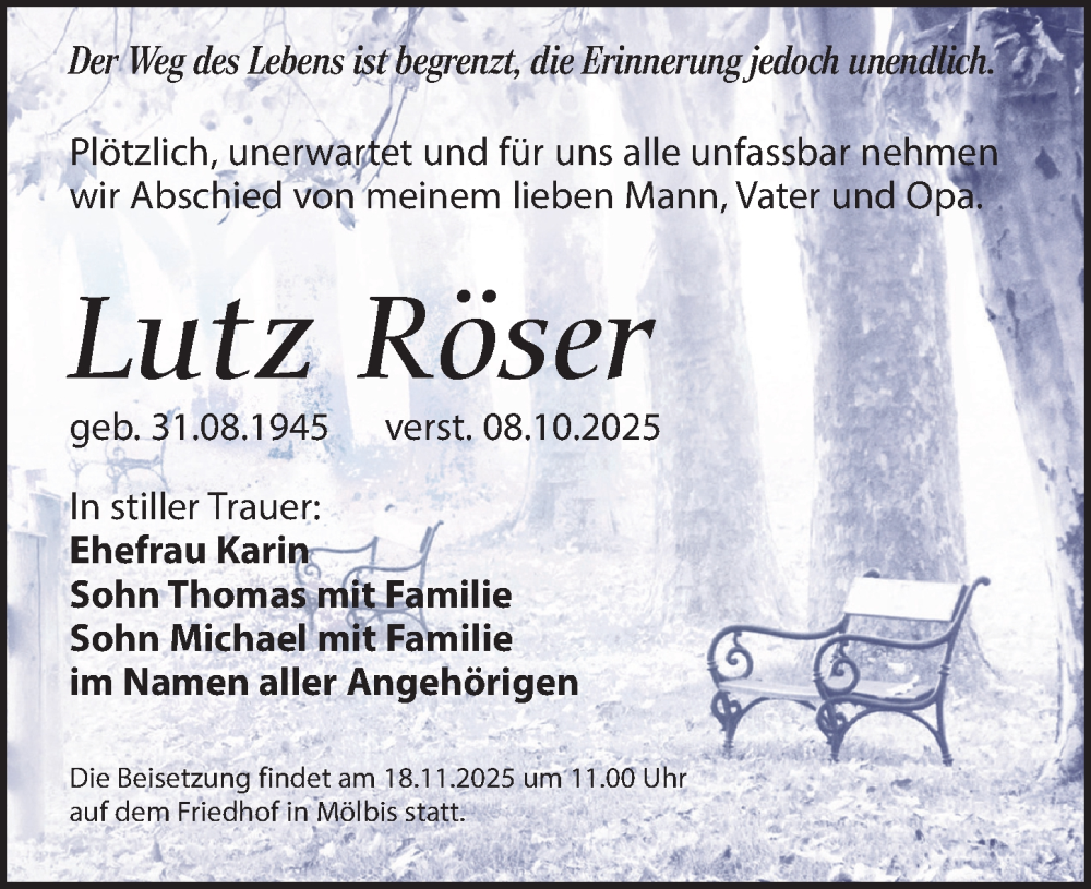  Traueranzeige für Lutz Röser vom 08.11.2025 aus Leipziger Volkszeitung