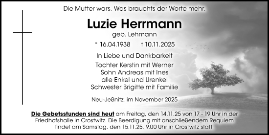Traueranzeige von Luzie Herrmann von Sächsische Zeitung
