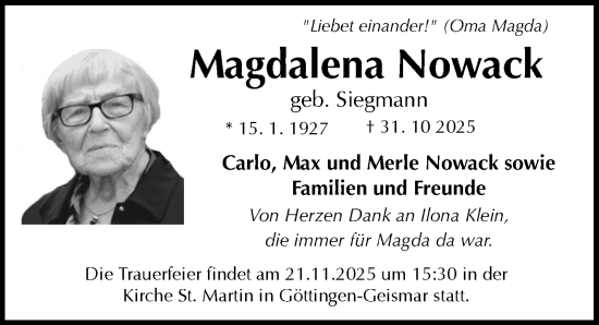 Traueranzeige von Magdalena Nowack von Göttinger Tageblatt
