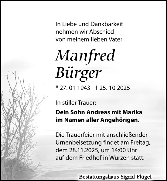 Traueranzeige von Manfred Bürger von Leipziger Volkszeitung