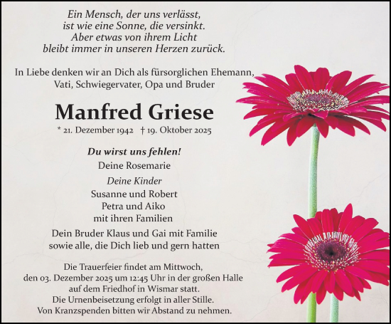 Traueranzeige von Manfred Griese von Ostsee-Zeitung GmbH