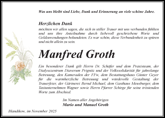 Traueranzeige von Manfred Groth von Wochenspiegel
