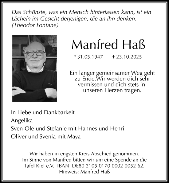 Traueranzeige von Manfred Haß von Kieler Nachrichten