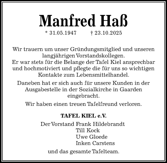 Traueranzeige von Manfred Haß von Kieler Nachrichten