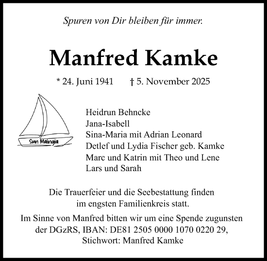 Traueranzeige von Manfred Kamke von Lübecker Nachrichten