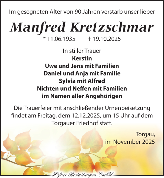 Traueranzeige von Manfred Kretzschmar von Torgauer Zeitung