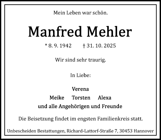 Traueranzeige von Manfred Mehler von Hannoversche Allgemeine Zeitung/Neue Presse
