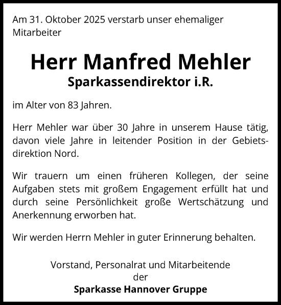 Traueranzeige von Manfred Mehler von Hannoversche Allgemeine Zeitung/Neue Presse