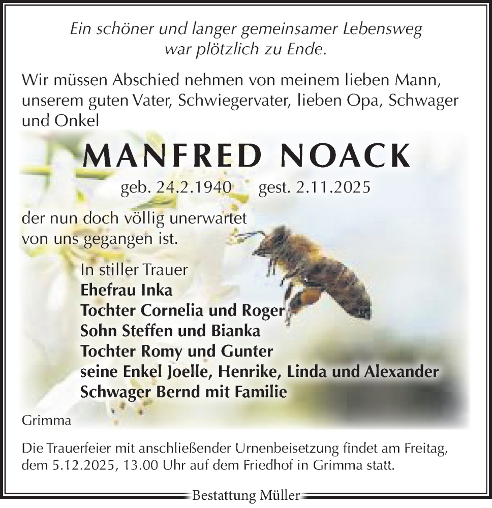  Traueranzeige für Manfred Noack vom 08.11.2025 aus Leipziger Volkszeitung