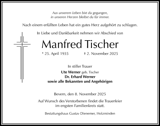 Traueranzeige von Manfred Tischer von Täglicher Anzeiger Holzminden