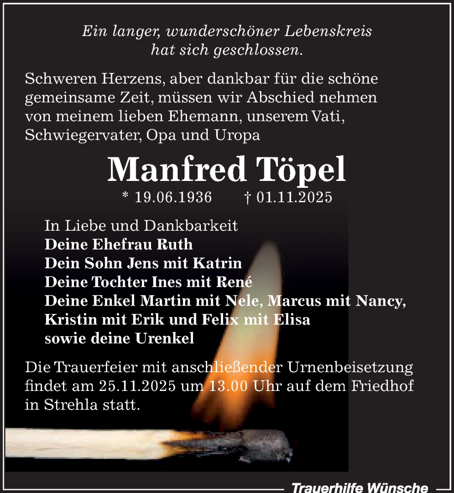  Traueranzeige für Manfred Töpel vom 15.11.2025 aus Sächsische Zeitung