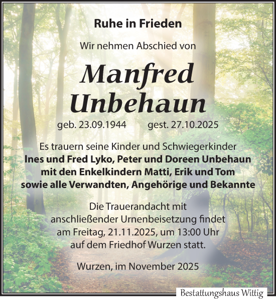 Traueranzeige von Manfred Unbehaun von Leipziger Volkszeitung