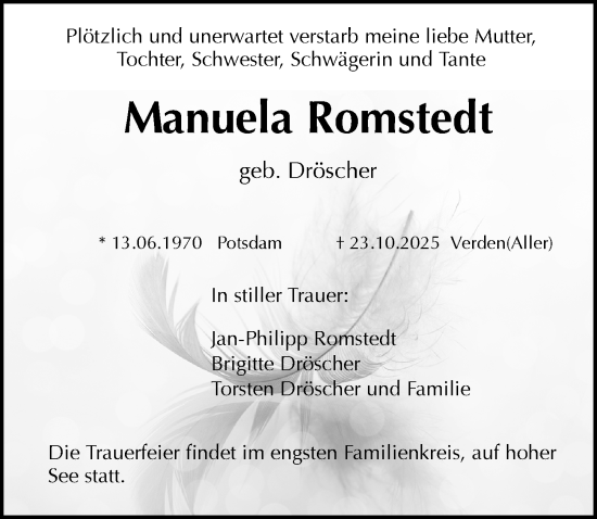 Traueranzeige von Manuela Romstedt von Märkischen Allgemeine Zeitung