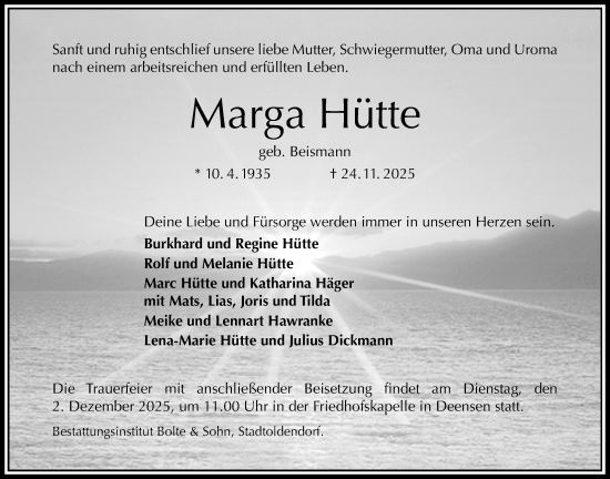 Traueranzeige von Marga Hütte von Täglicher Anzeiger Holzminden