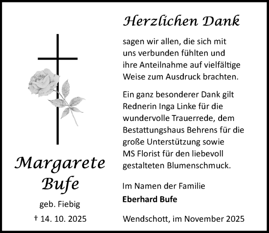 Traueranzeige von Margarete Bufe von Aller Zeitung