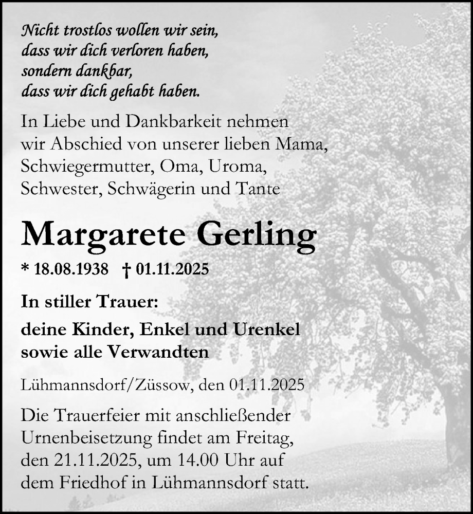  Traueranzeige für Margarete Gerling vom 08.11.2025 aus Ostsee-Zeitung GmbH