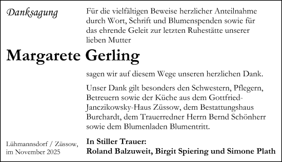 Traueranzeige von Margarete Gerling von Ostsee-Zeitung GmbH