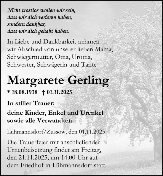 Traueranzeige von Margarete Gerling von Ostsee-Zeitung GmbH
