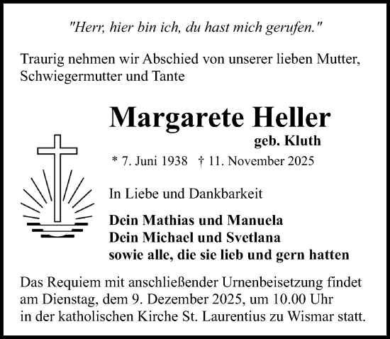 Traueranzeige von Margarete Heller von Ostsee-Zeitung GmbH