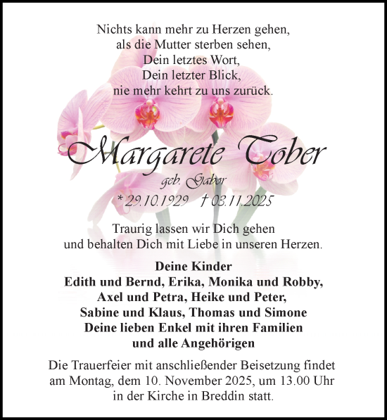 Traueranzeige von Margarete Tober von Wochenspiegel