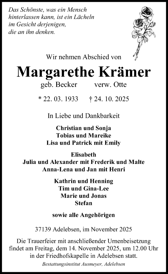 Traueranzeige von Margarethe Krämer von Göttinger Tageblatt