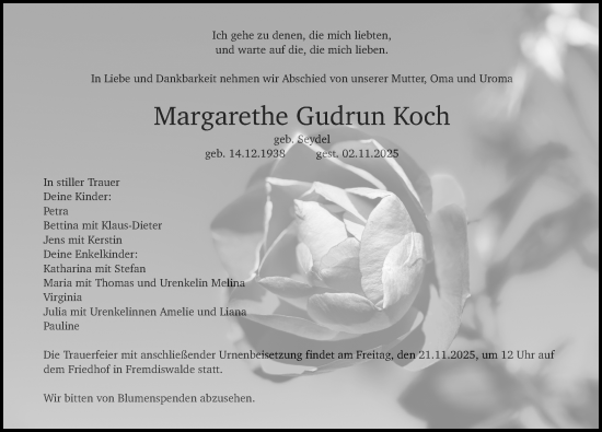 Traueranzeige von Margarethe Gudrun Koch von Leipziger Volkszeitung