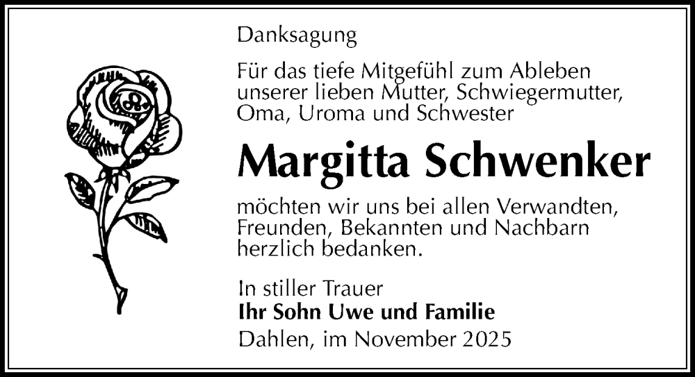 Traueranzeige für Margitta Schwenker vom 29.11.2025 aus Leipziger Volkszeitung
