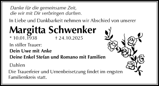Traueranzeige von Margitta Schwenker von Leipziger Volkszeitung