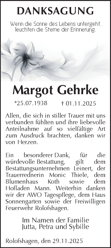 Traueranzeige von Margot Gehrke von Ostsee-Zeitung GmbH